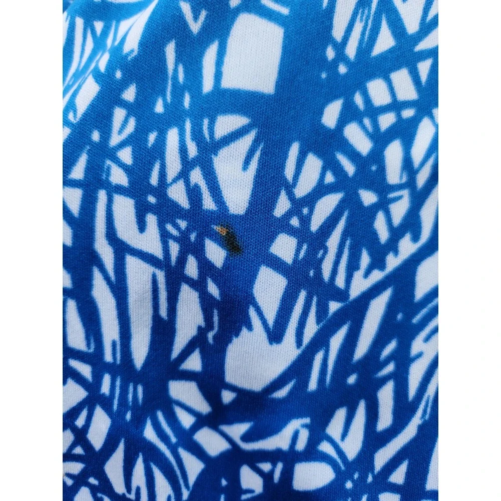 Vintage 70s Maxi Dress Blue White Abstract Scribble‎ Print Long Sleeve 10_5